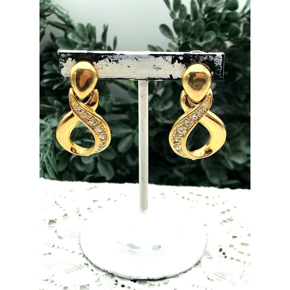 Vintage Style Gold-Tone Infinity Loop Crystal Earrings With Stud Backing & Clear - Picture 7 of 8